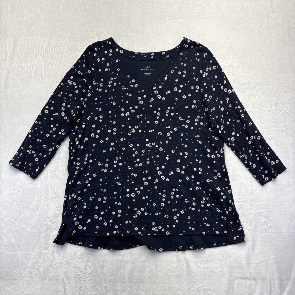 J Jill Top Women's Size Large Blue White Floral Pullover V-Neck 100% Pima Cotton